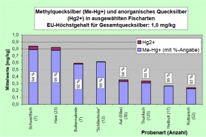 Relativen Anteile von Methylquecksilber (Me-Hg+) und anorganischem Quecksilber (Hg2+) in Fischarten.