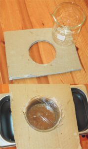 Einfacher Papp-Halter für das Laborglas mit dem Lipo-C zur Entkopplung des Glases.